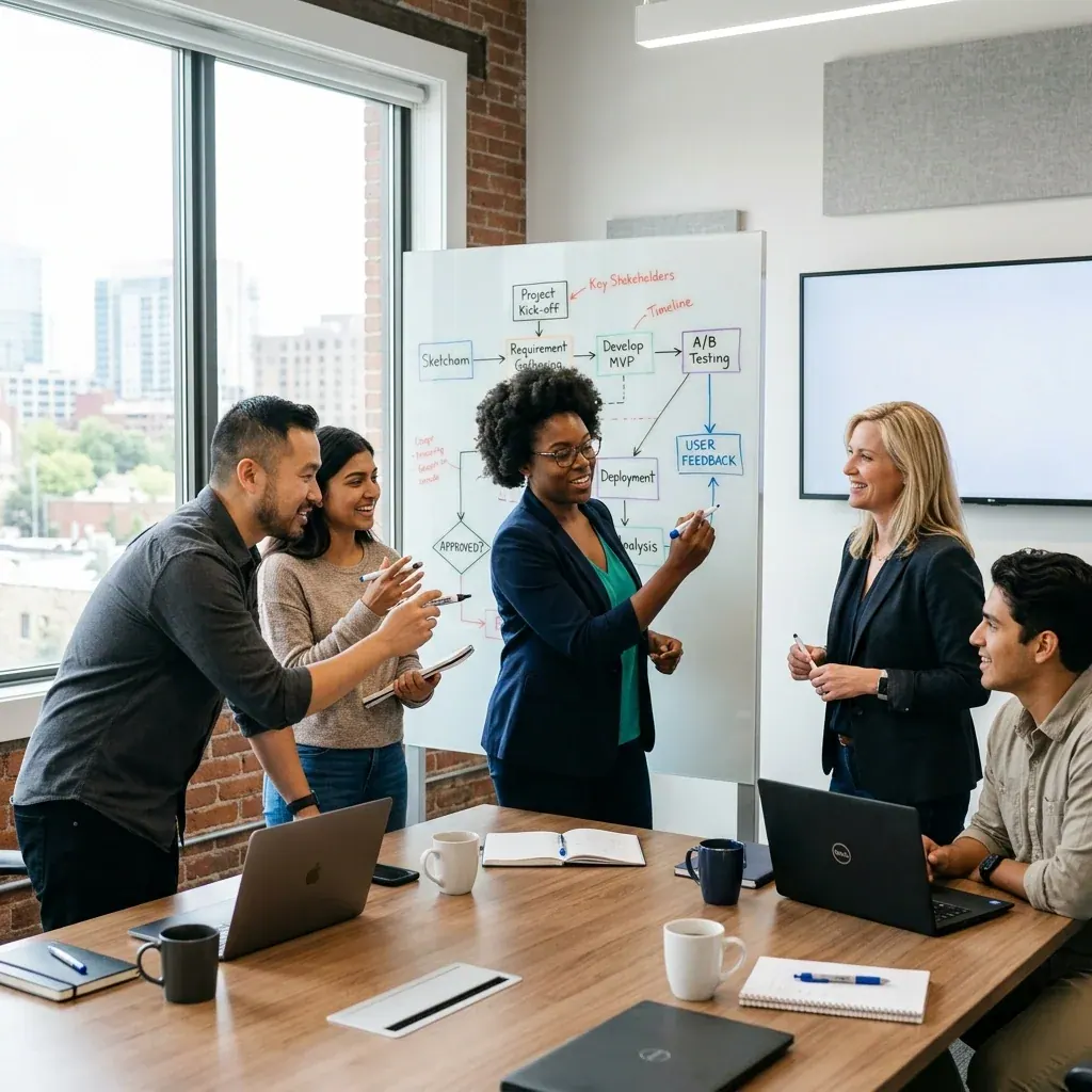 A team mapping out a marketing plan on a whiteboard